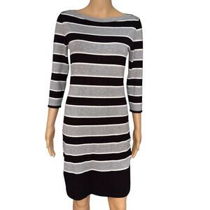 Tommy Hilfiger Grey Black White Silver Striped Sweater Bodycon Dress stretch S